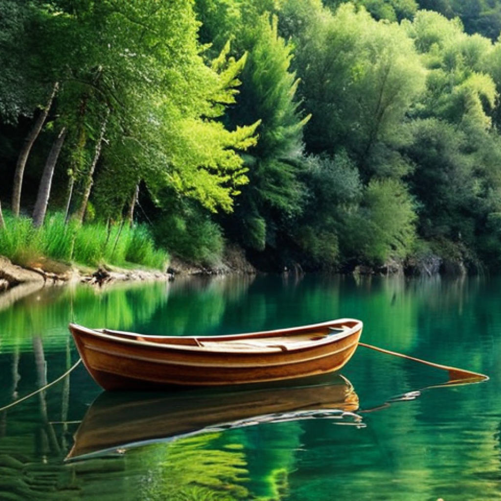 Ağva - Peaceful Riverside Scene**

`A serene river scene in Ağva, Turkey. Lush green forests reflected in the calm water. A small wooden boat gently floating. In the background, a glimpse of the Black Sea. Soft, natural lighting, tranquil atmosphere.`

**