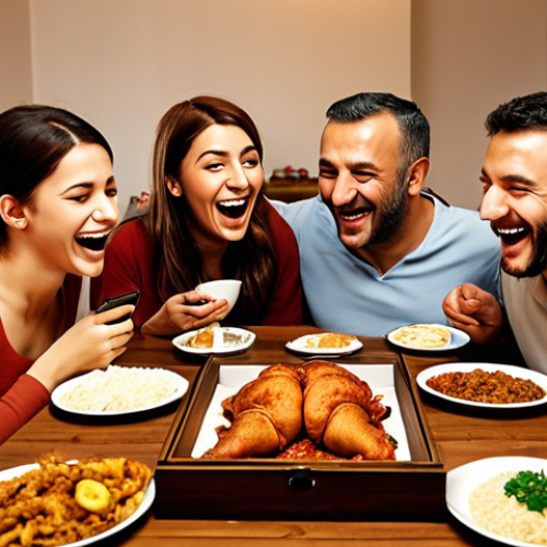 Home 7 A cozy family scene at a wooden dining table, all phones are placed in a box in the center. They are laughing and talking while eating traditional Turkish food. Warm, inviting lighting, family bonding, focus on faces and expressions.