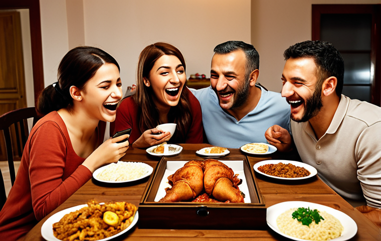 A cozy family scene at a wooden dining table, all phones are placed in a box in the center. They are laughing and talking while eating traditional Turkish food. Warm, inviting lighting, family bonding, focus on faces and expressions.